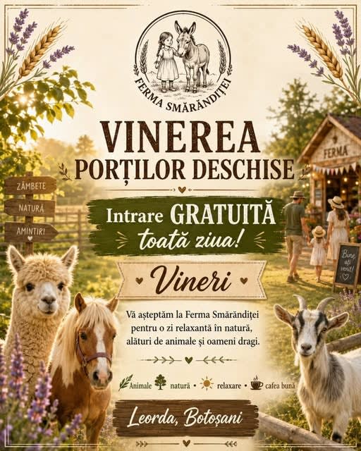 Vinerea Porților Deschise la Ferma Smărănditei: intrare gratuită toată ziua, pentru copii și adulți Vinerea Porților Deschise la Ferma Smărănditei: intrare gratuită toată ziua, pentru copii și adulți