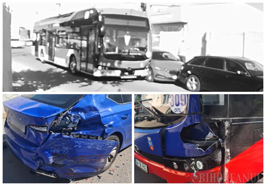 Autobuz OTL și mașină parcată lângă Spitalul Județean din Oradea