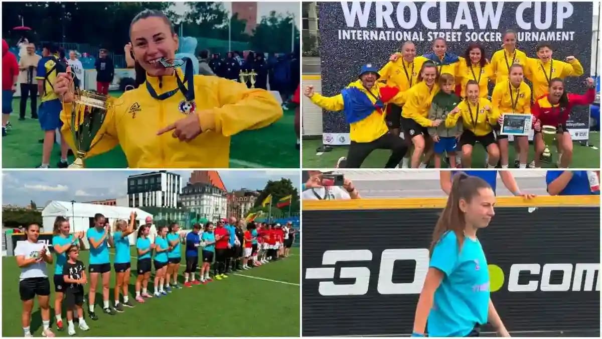 Ariana Iosa în echipament de arbitru, pe terenul de fotbal pe stradă din Polonia