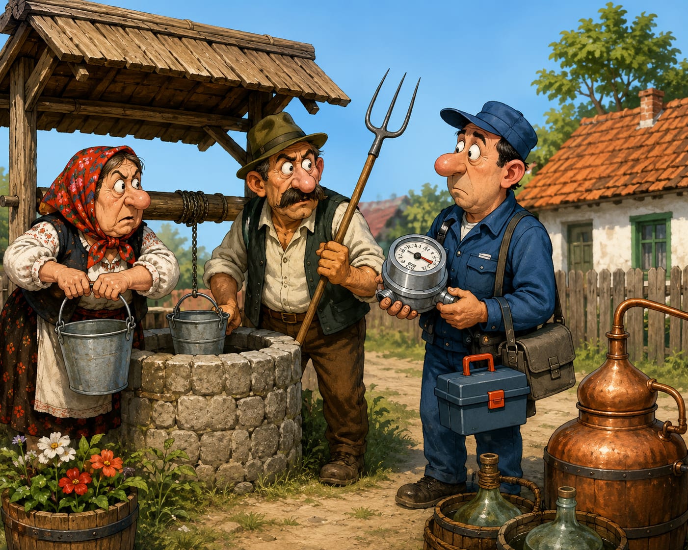 Fântână tradițională în sat, localnici folosind găleți