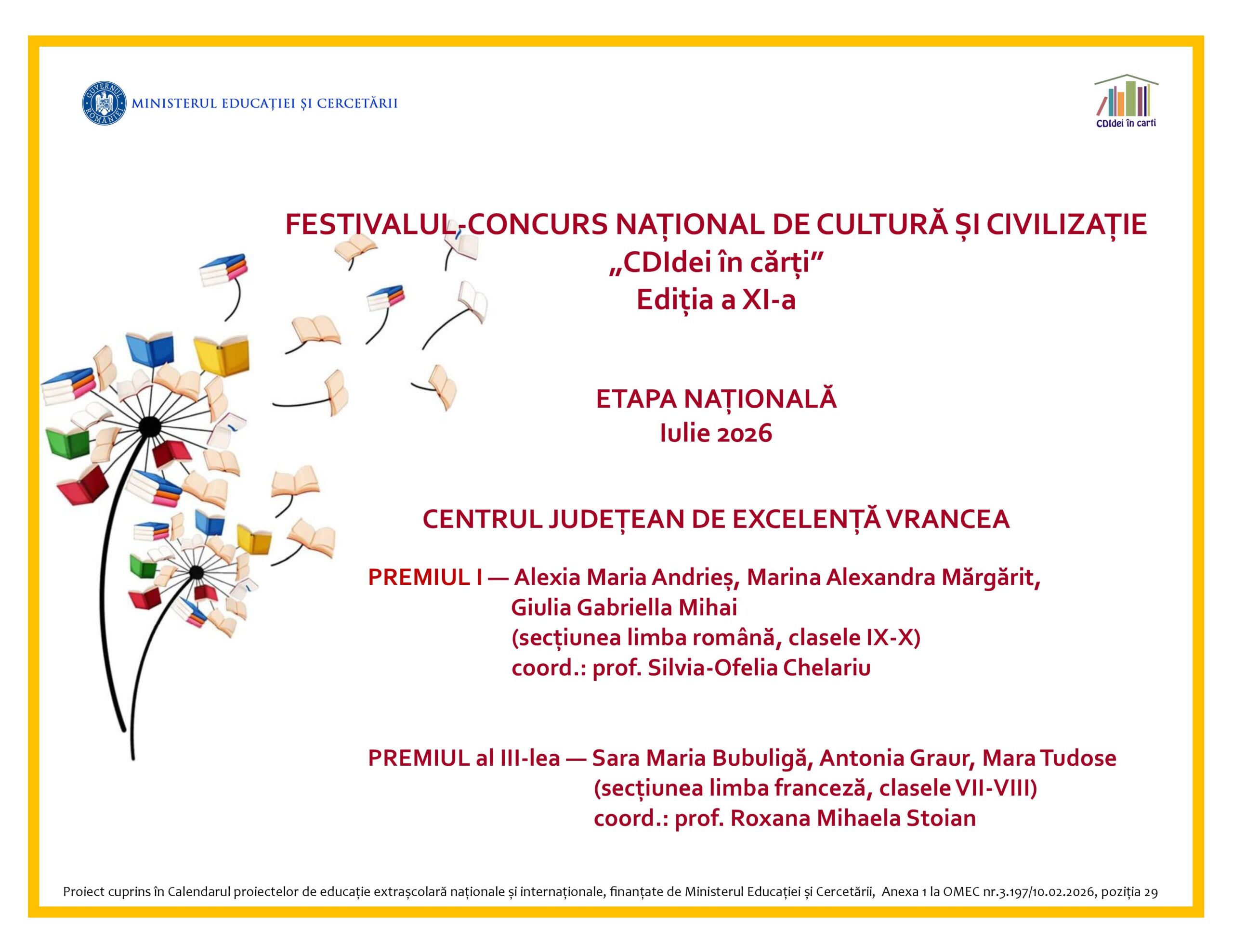 Elevi din Vrancea primind premii naționale