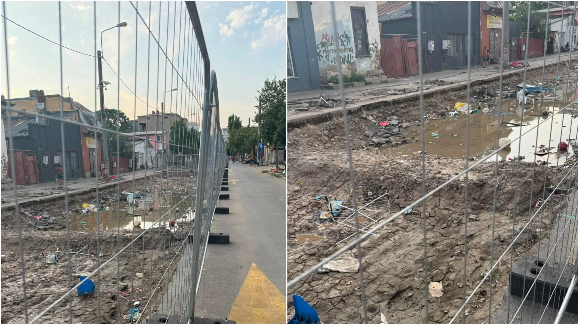 Zona de șantier de pe Strada Maica Domnului, plină de noroi și gunoaie, după ploi