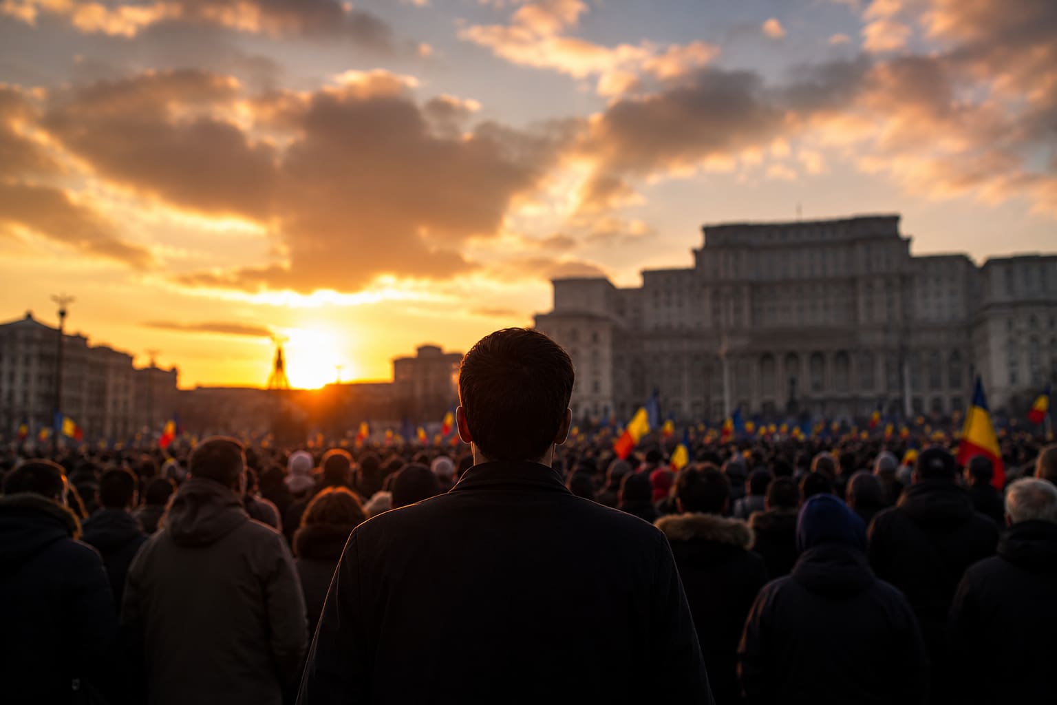 Romanian citizens voting and debating in a public square