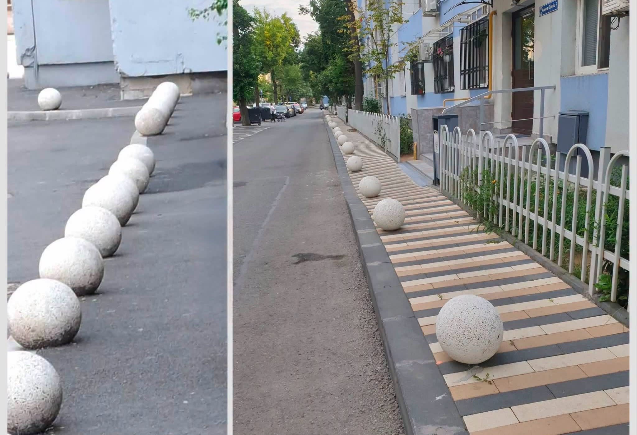 Bile de beton montate pe trotuar în Sectorul 5, București Bile de beton montate pe trotuar în Sectorul 5, București