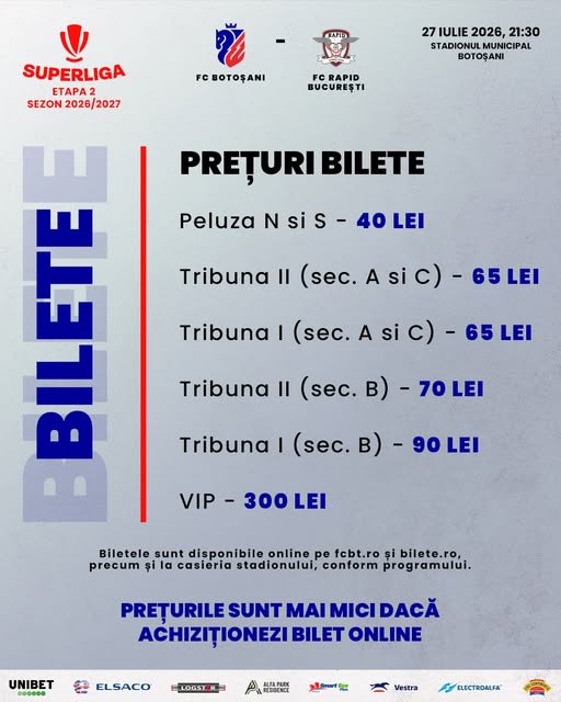 FC Botoșani anunță vânzarea biletelor pentru meciul cu Rapid București: Prețuri mai mici online