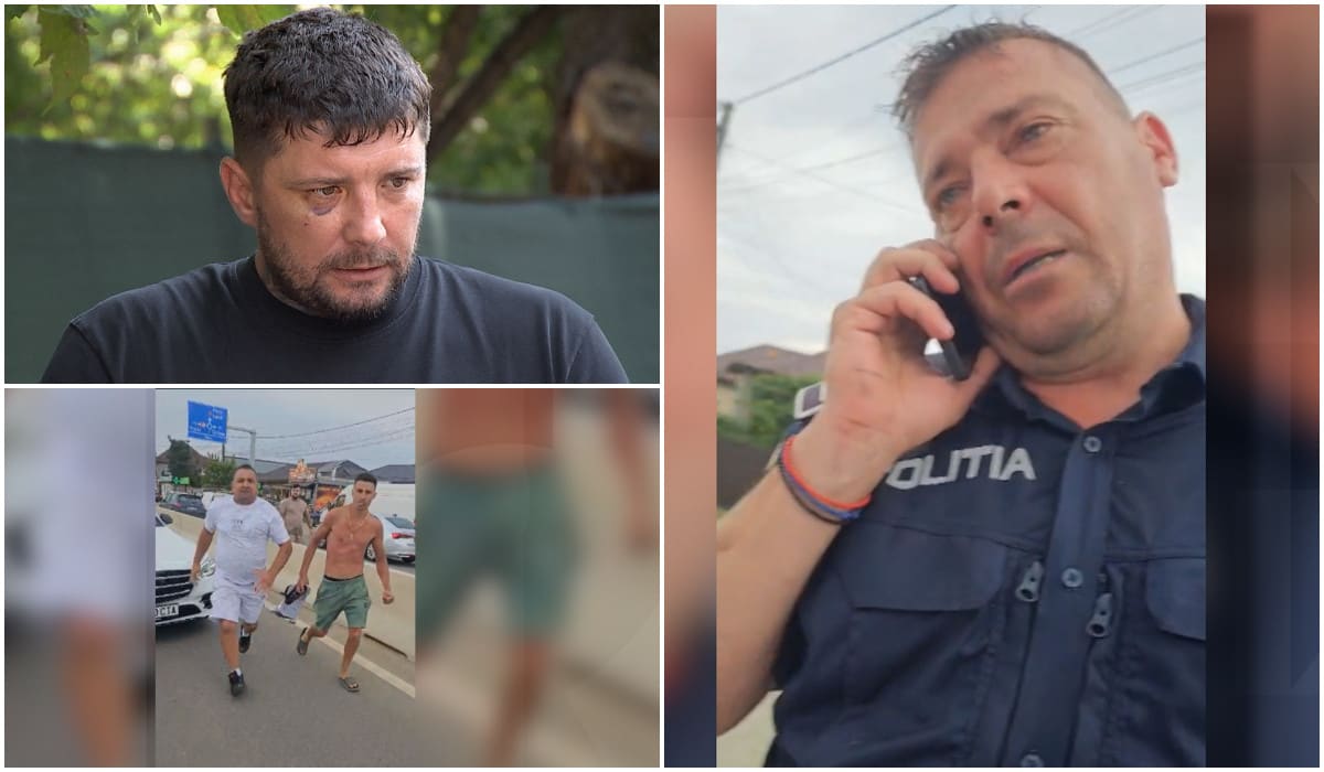 Polițist în uniformă în timpul scandalului, agresiune, intervenție poliție