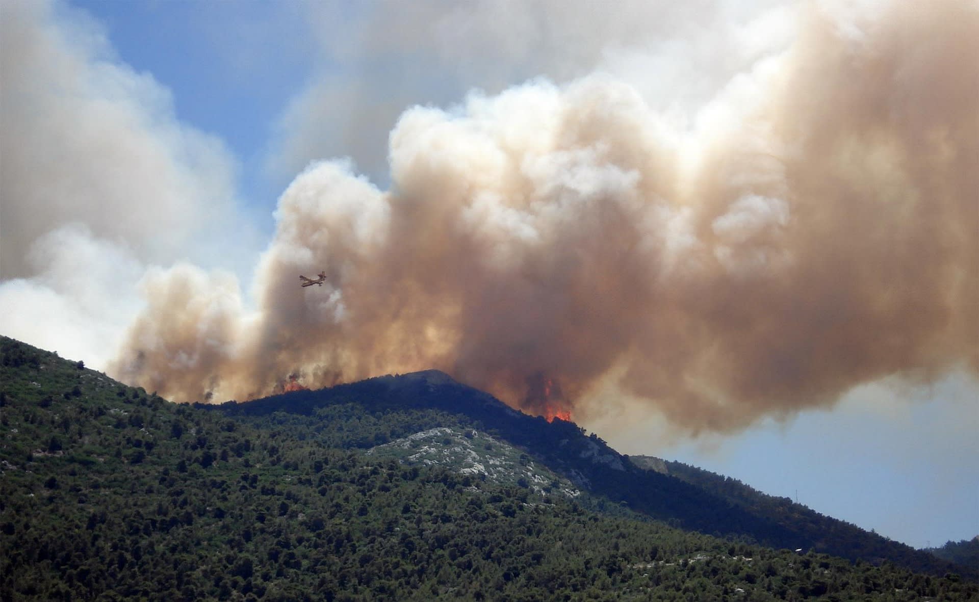 Foc și fum în pădure preistorică, erupții vulcanice, peisaj geologic