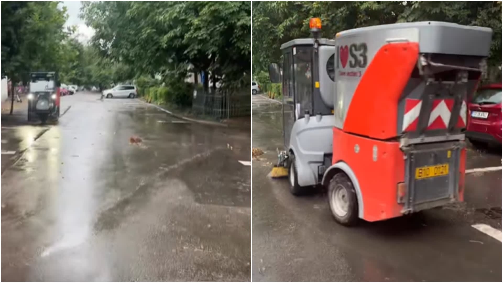 Mașini cu perii de curățenie în acțiune pe strada plouată din Sectorul 3