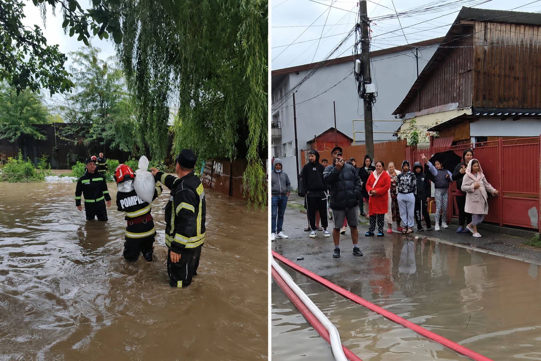 Pompieri din Ploiești în acțiune, evacuare apă, localnici susținând moral