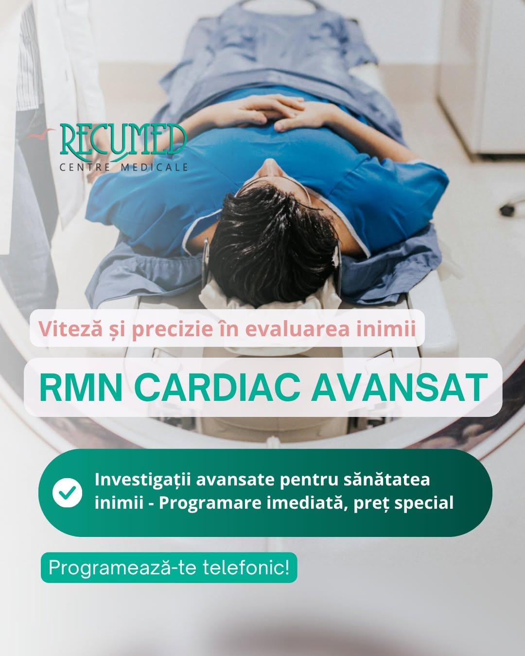 Doctor cardiolog în cabinet, echipament RMN modern, evaluare inimă