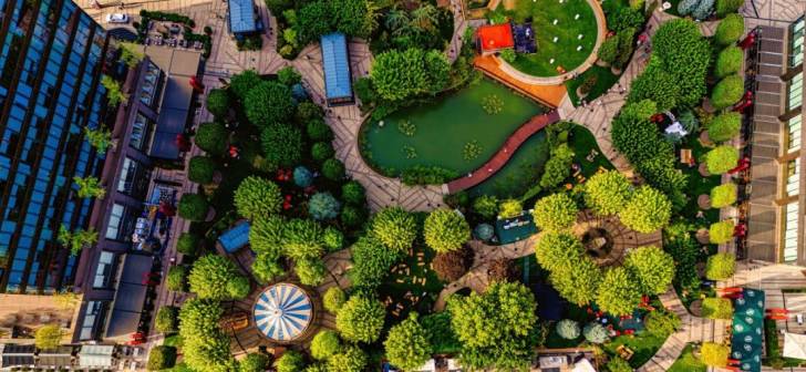 Parcul Iulius Town din Timișoara cu oameni în activitate în sezonul de vară