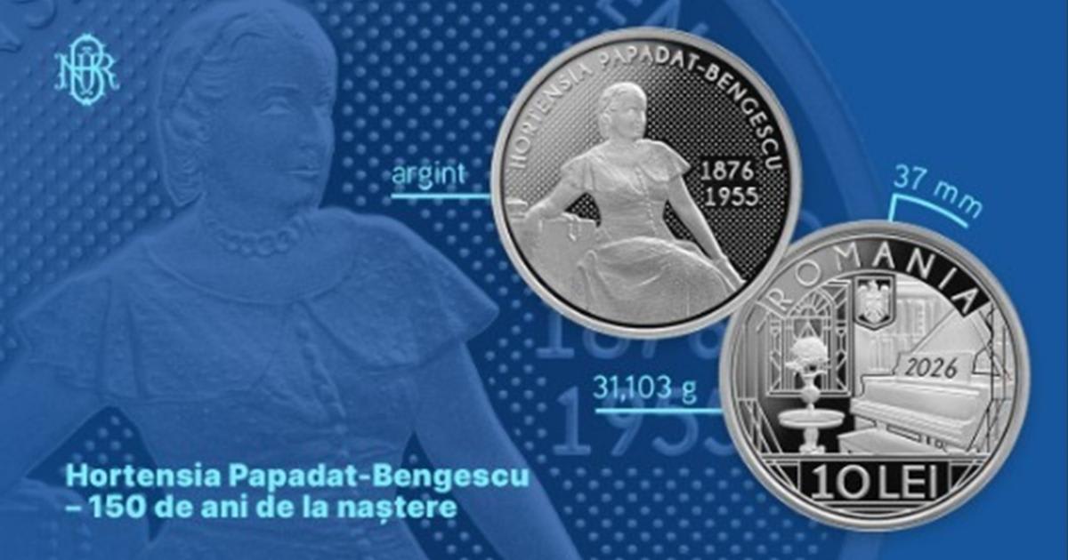 Monedă de 10 lei din argint cu portretul Hortensia Papadat-Bengescu