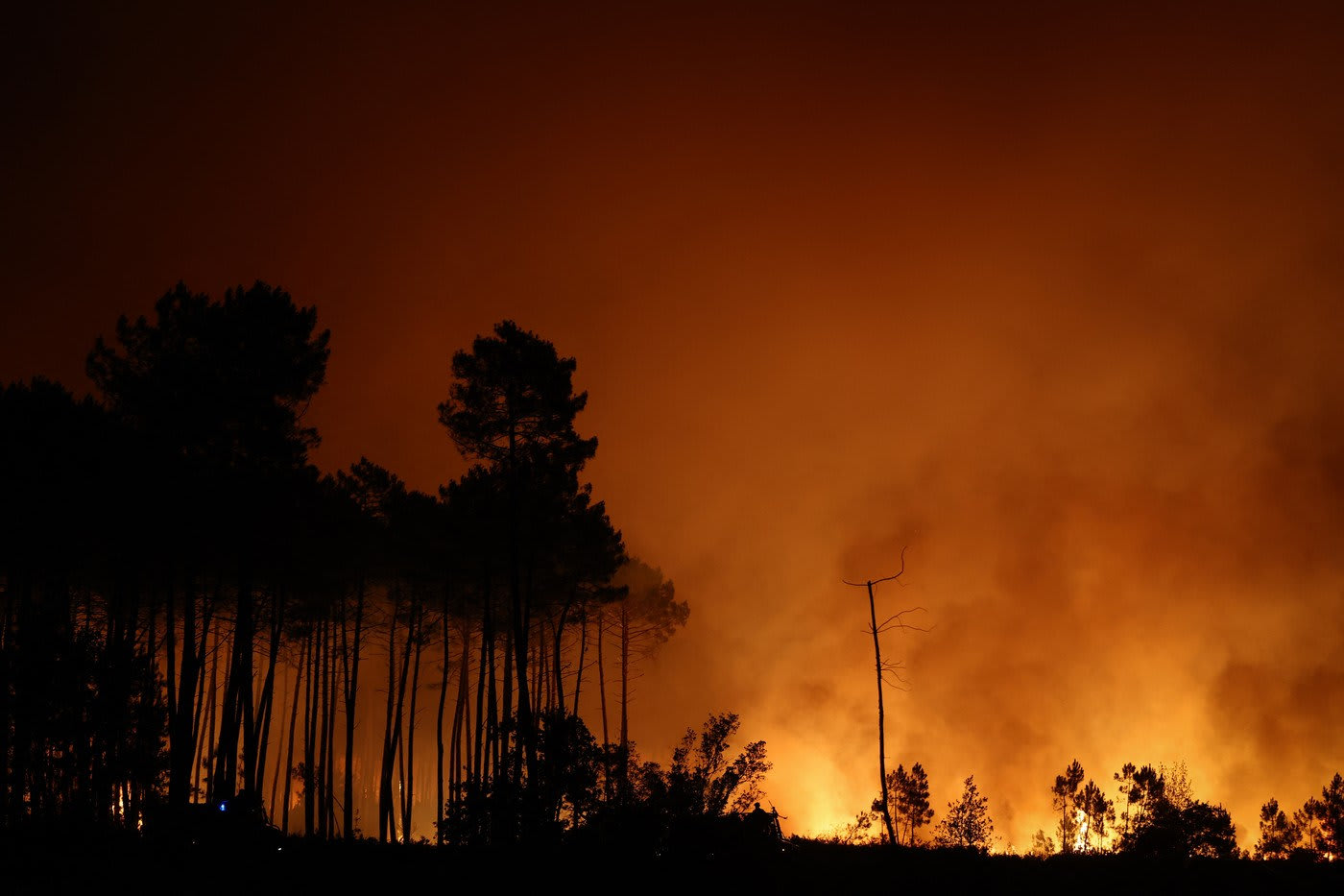 Pompieri francezi stingând un incendiu de pădure, fum și flăcări în pădurea Gironde