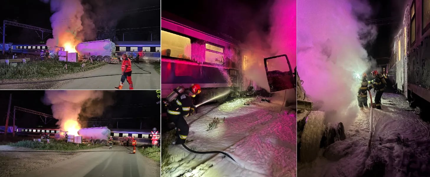 Impact feroviar în Bacău, incendiu autocisternă, intervenție pompieri