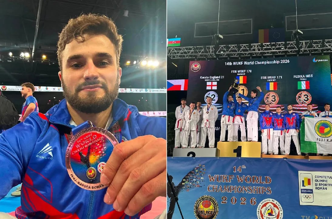Matia Alupei în echipament de karate pe podium la Campionatul Mondial