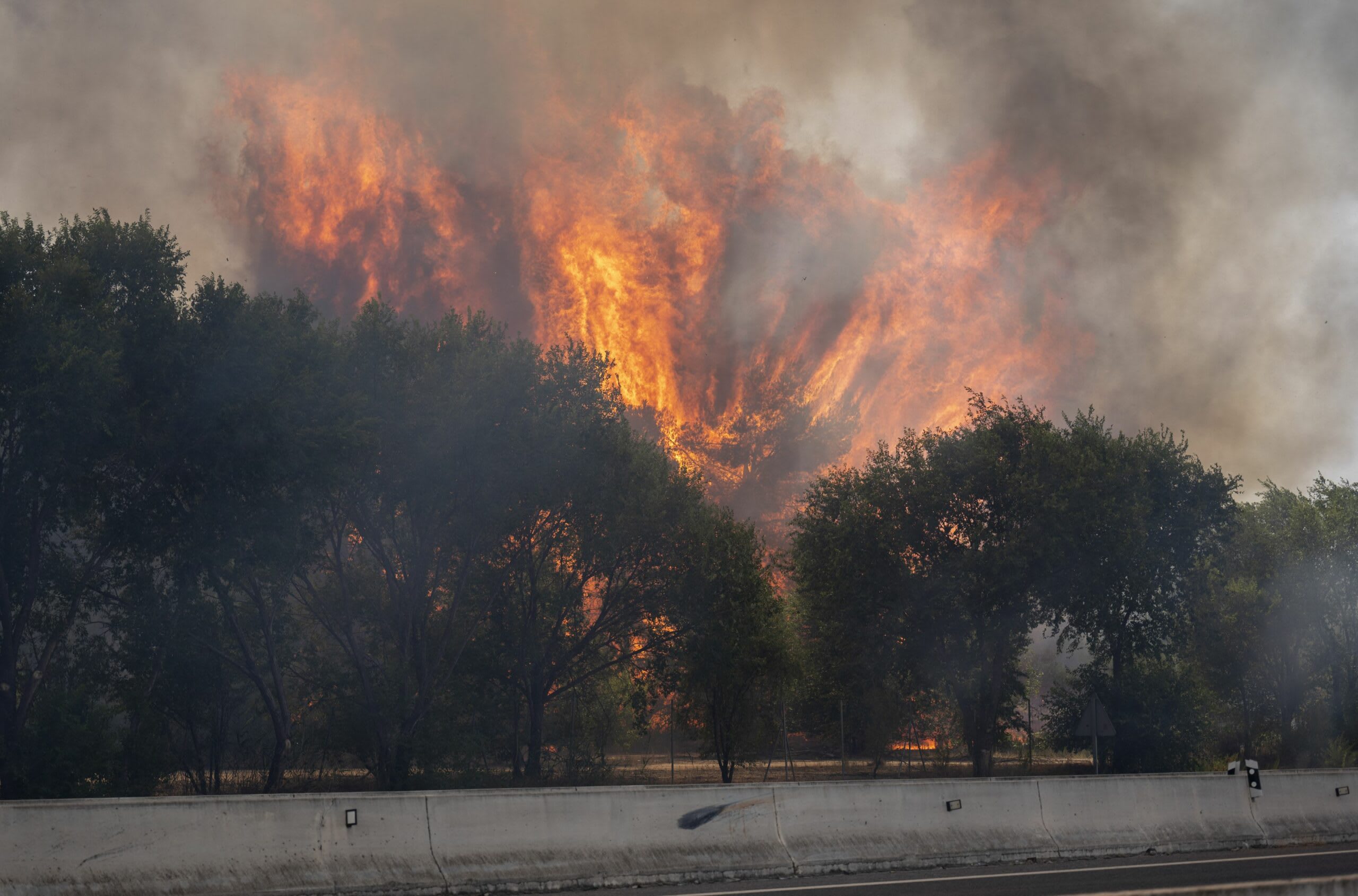 Echipaje de pompieri spanioli stingând incendii de pădure în regiunea Madrid