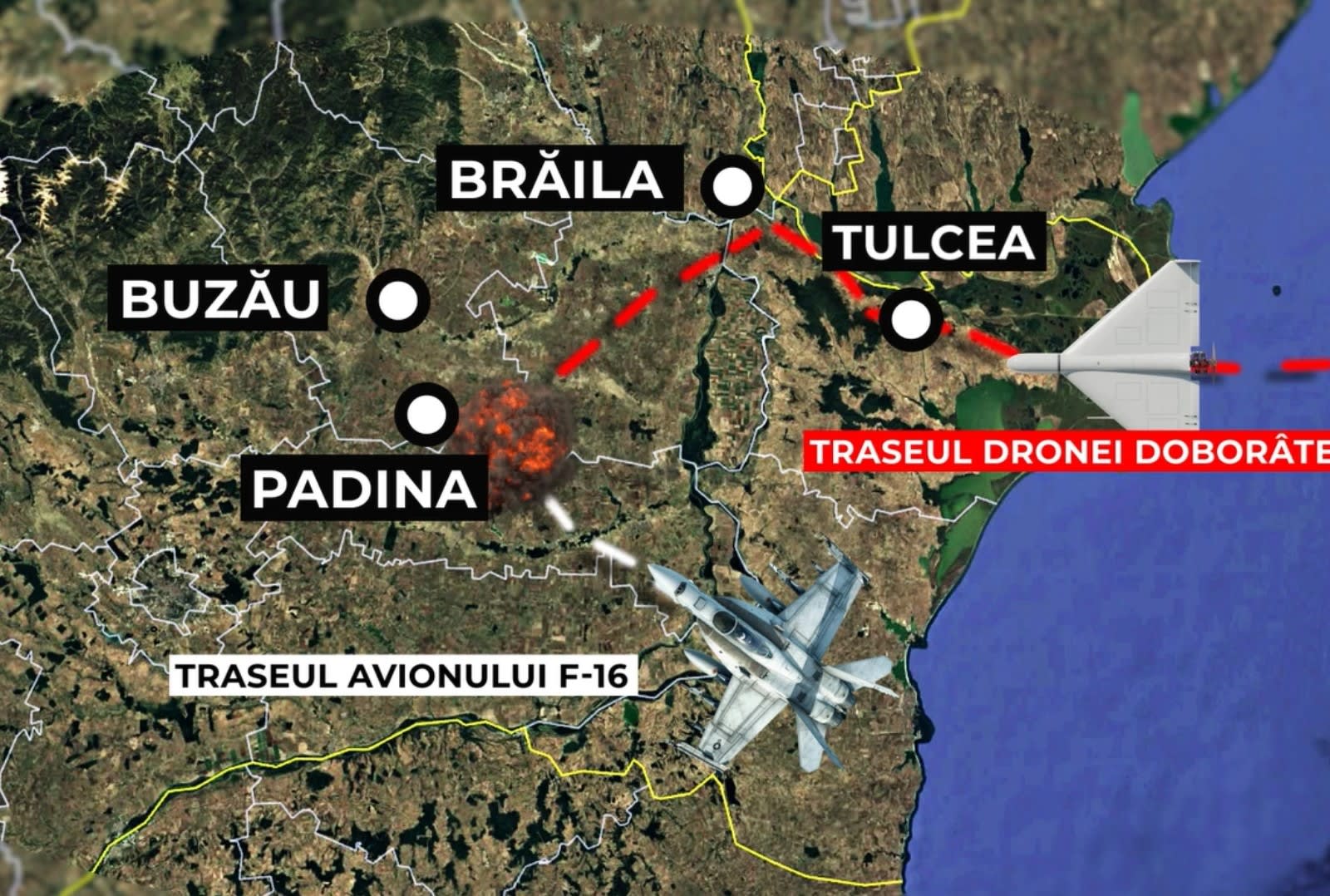 Avioane F-16 interceptând dronă deasupra României