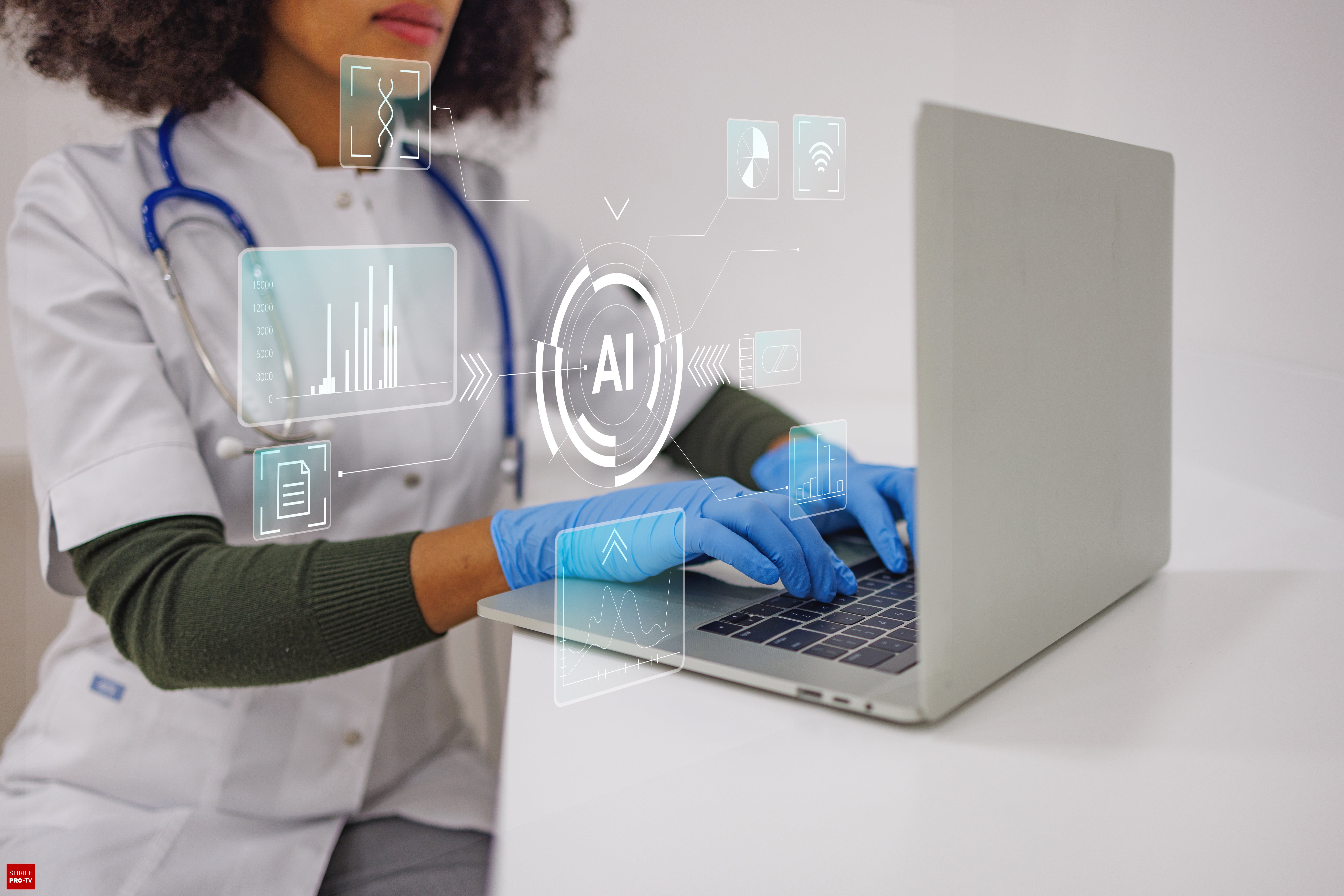 Romanian person using smartphone with health app, AI technology, medical data analysis