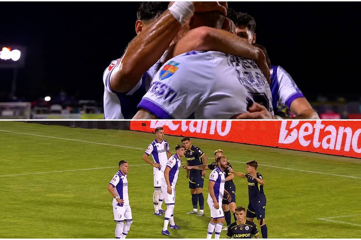 Jucători FC Argeș și Petrolul în meci de fotbal