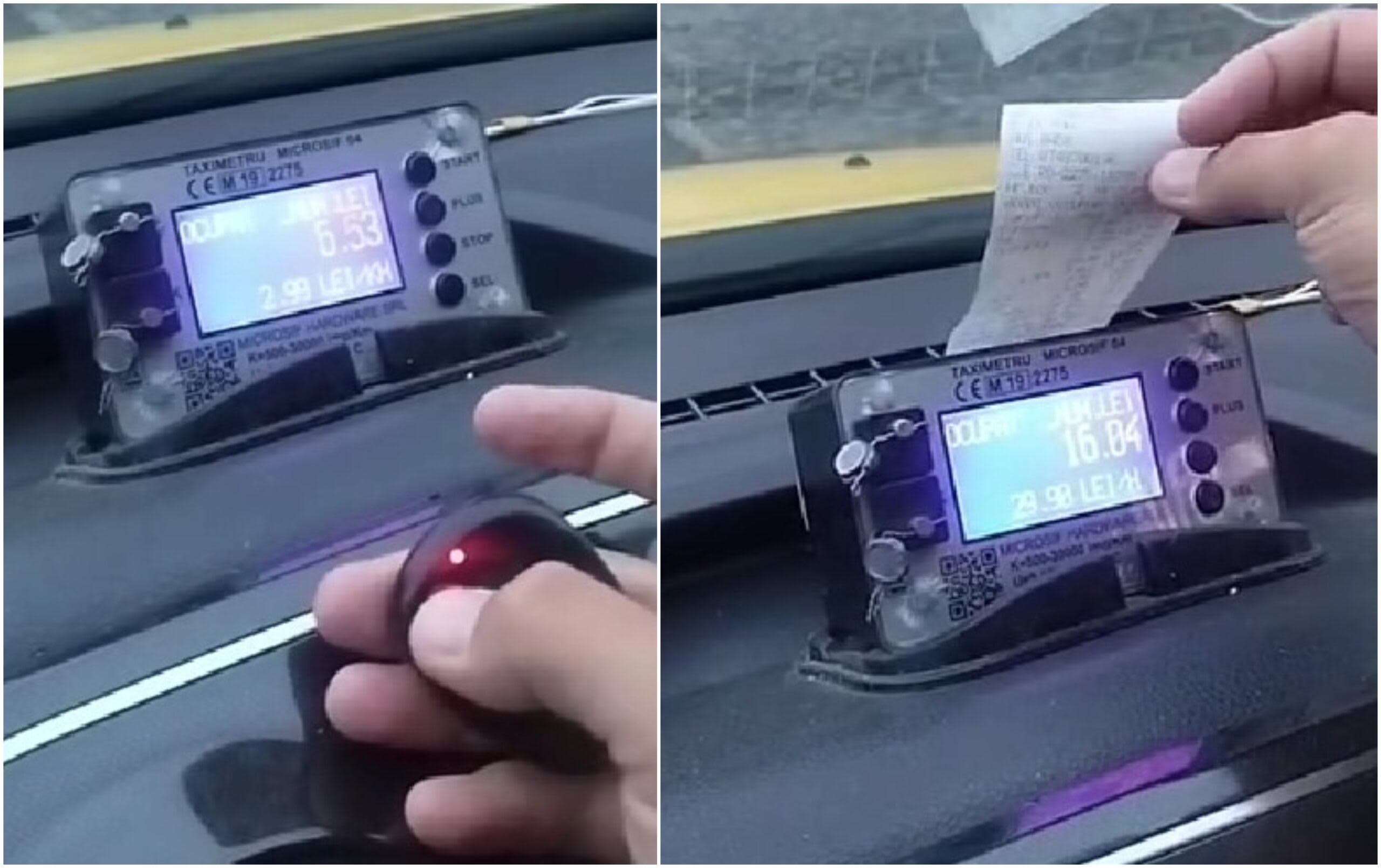 Polițiști locali verificând un taxi în București, telecomandă ascunsă sub frâna de mână