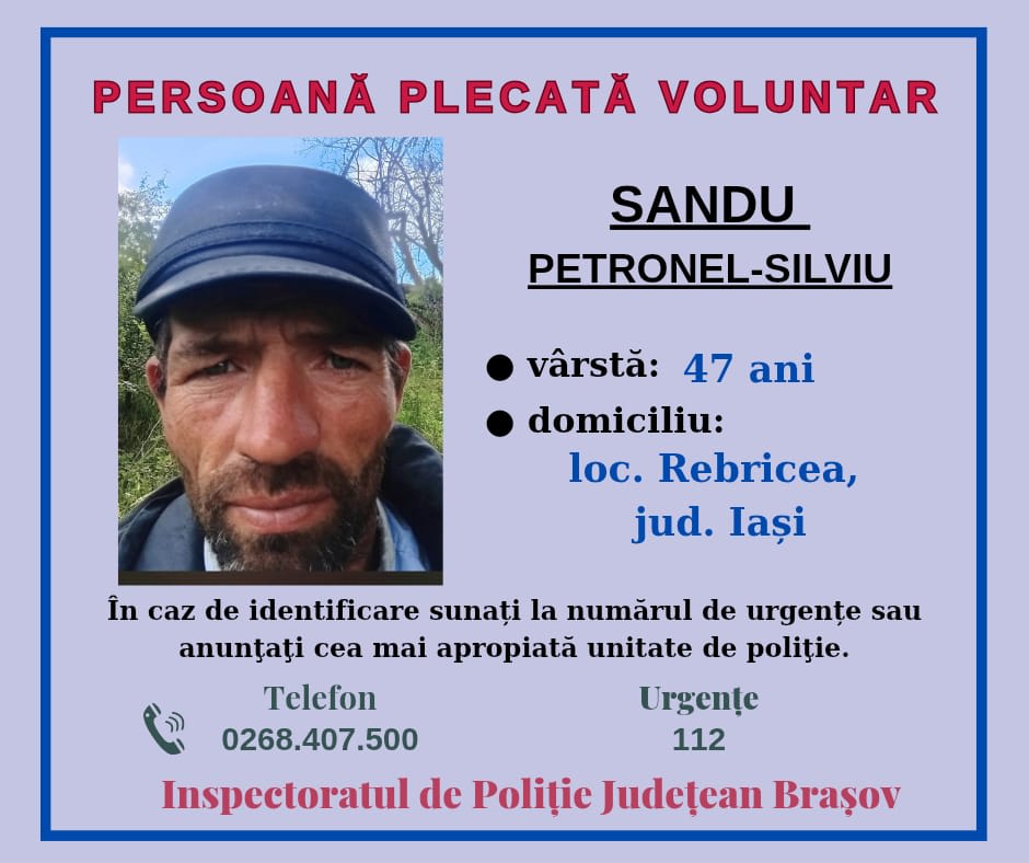 Polițiști din Brașov caută un bărbat dispărut voluntar