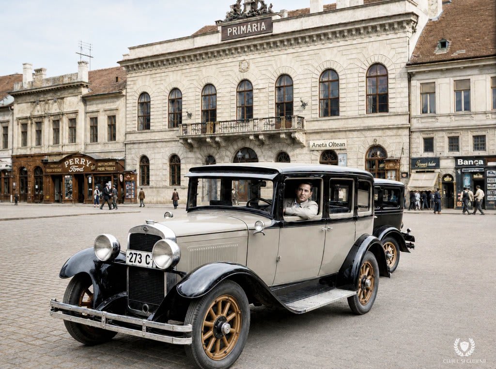 Automobil de epocă staționat în Piața Unirii din Cluj, cu clădirea Primăriei în fundal