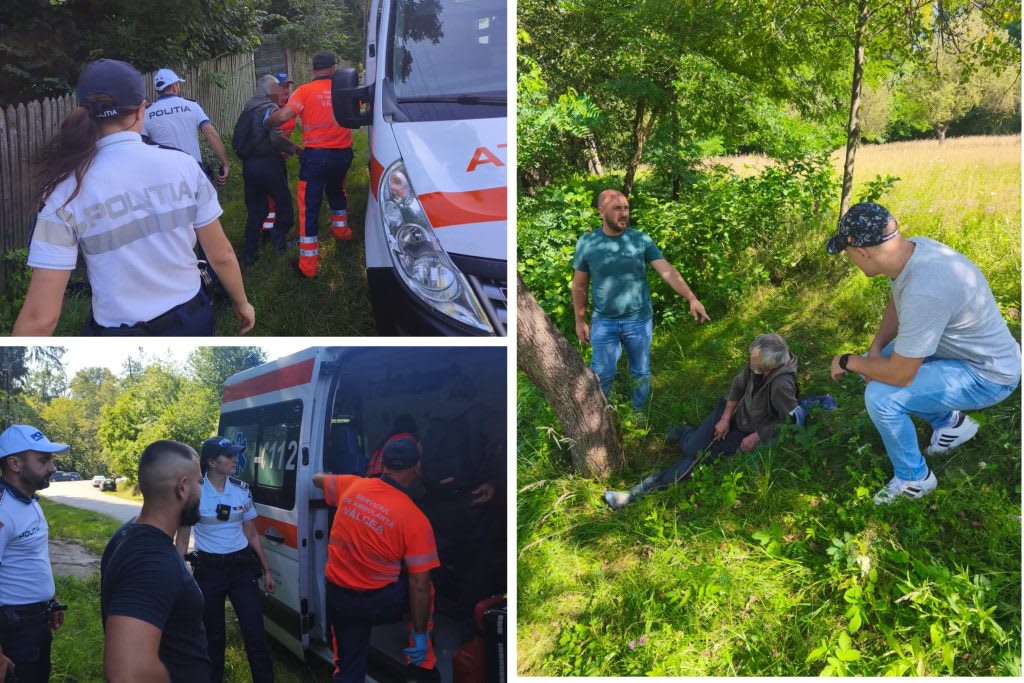 Polițiști și echipaj medical în pădure, căutare bărbat dispărut