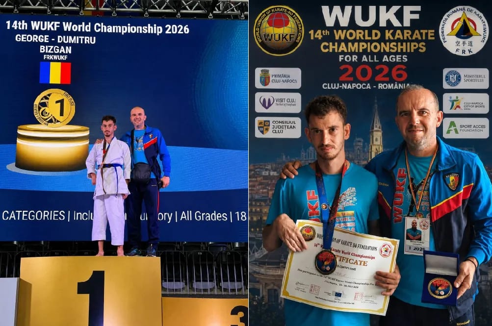 George Bîzgan în momentul câștigării medaliilor la Campionatul Mondial WUKF 2026