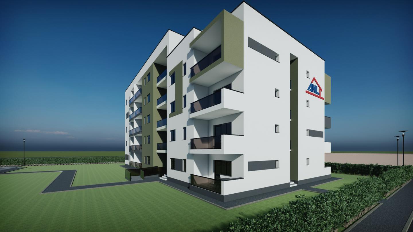 Construirea unui bloc ANL în Blejoi, cu muncitori și schele