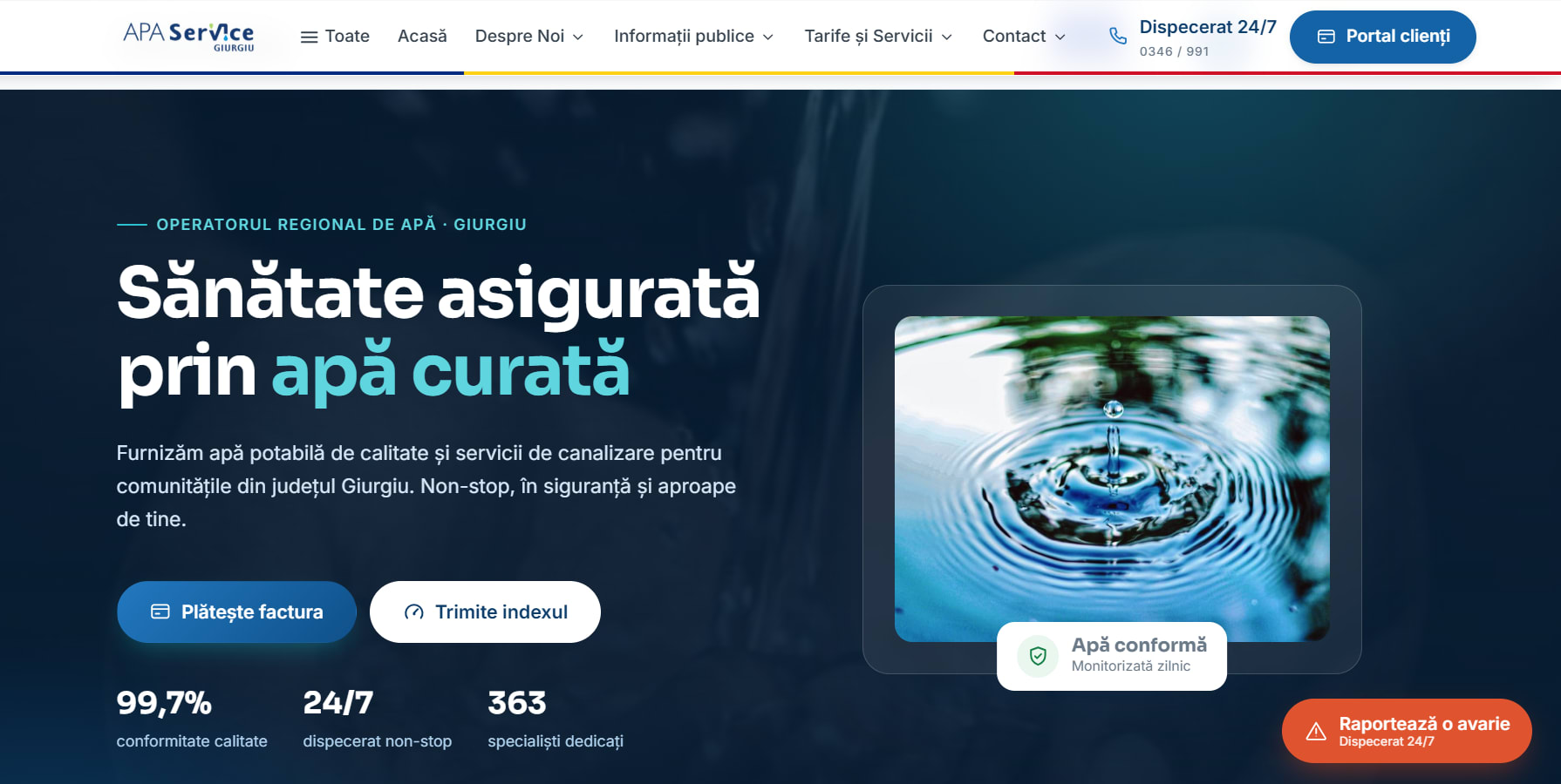 Site-ul modernizat al APA SERVICE Giurgiu pe calculator și telefon