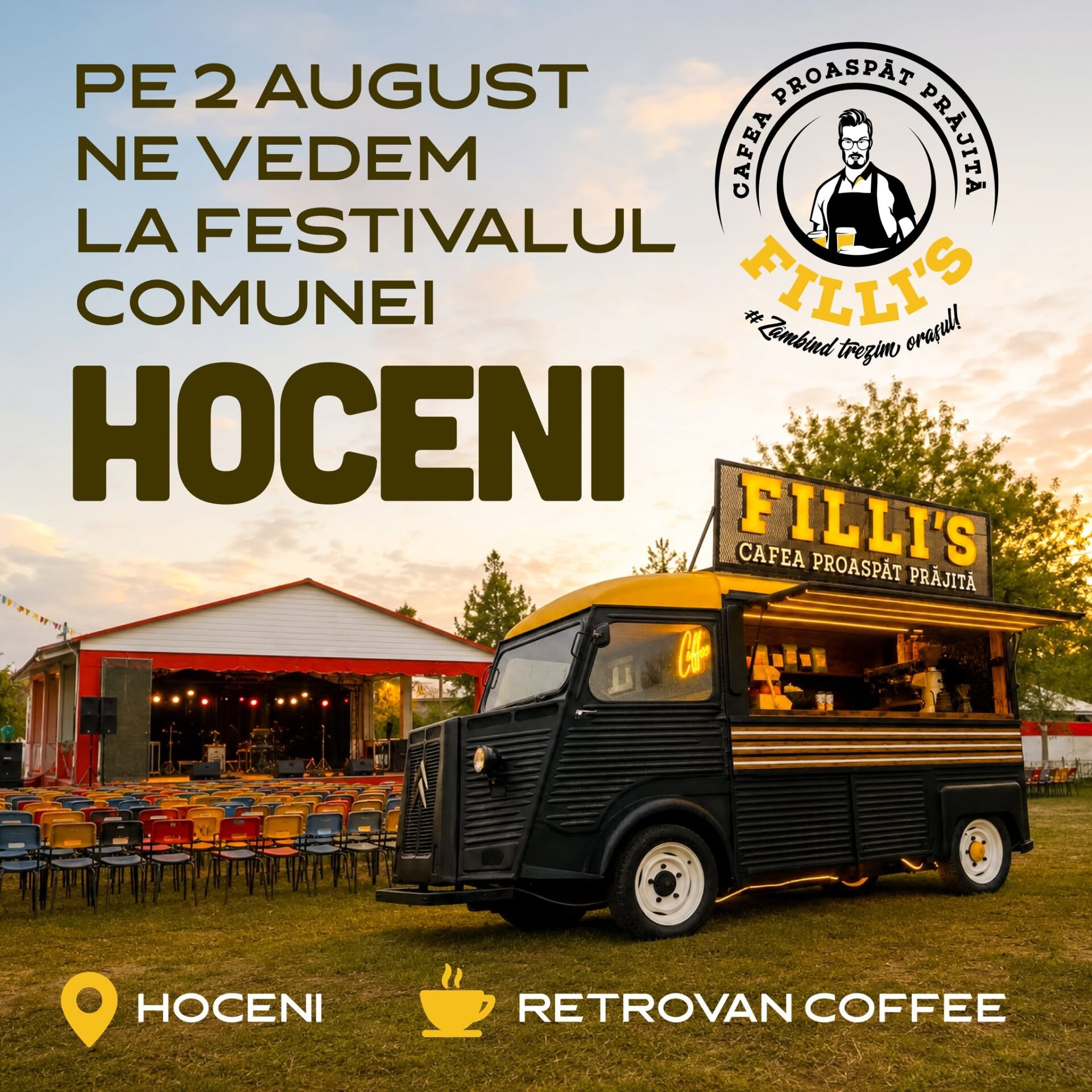 Echipaj Filli's Coffee Van pregătind cafea la festivalul din Hoceni Echipaj Filli's Coffee Van pregătind cafea la festivalul din Hoceni