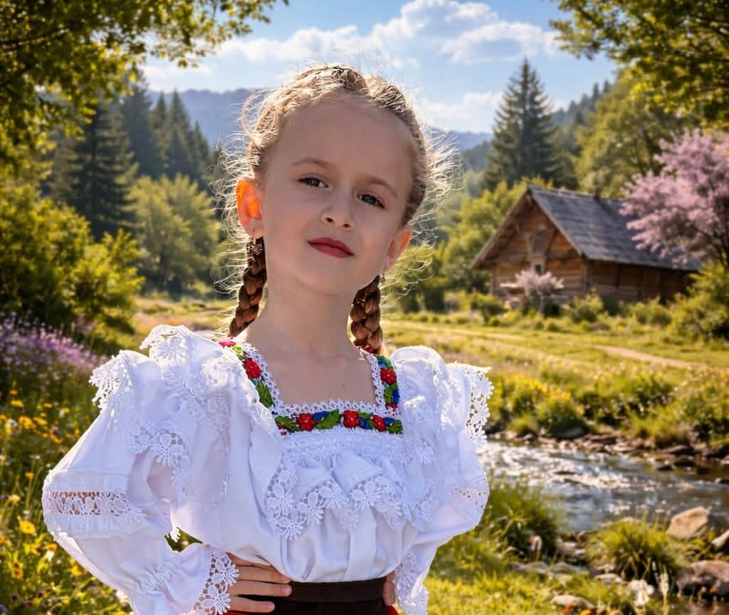 Fetiță cântând pe scenă, zâmbind, în Poiana Codrului Fetiță cântând pe scenă, zâmbind, în Poiana Codrului