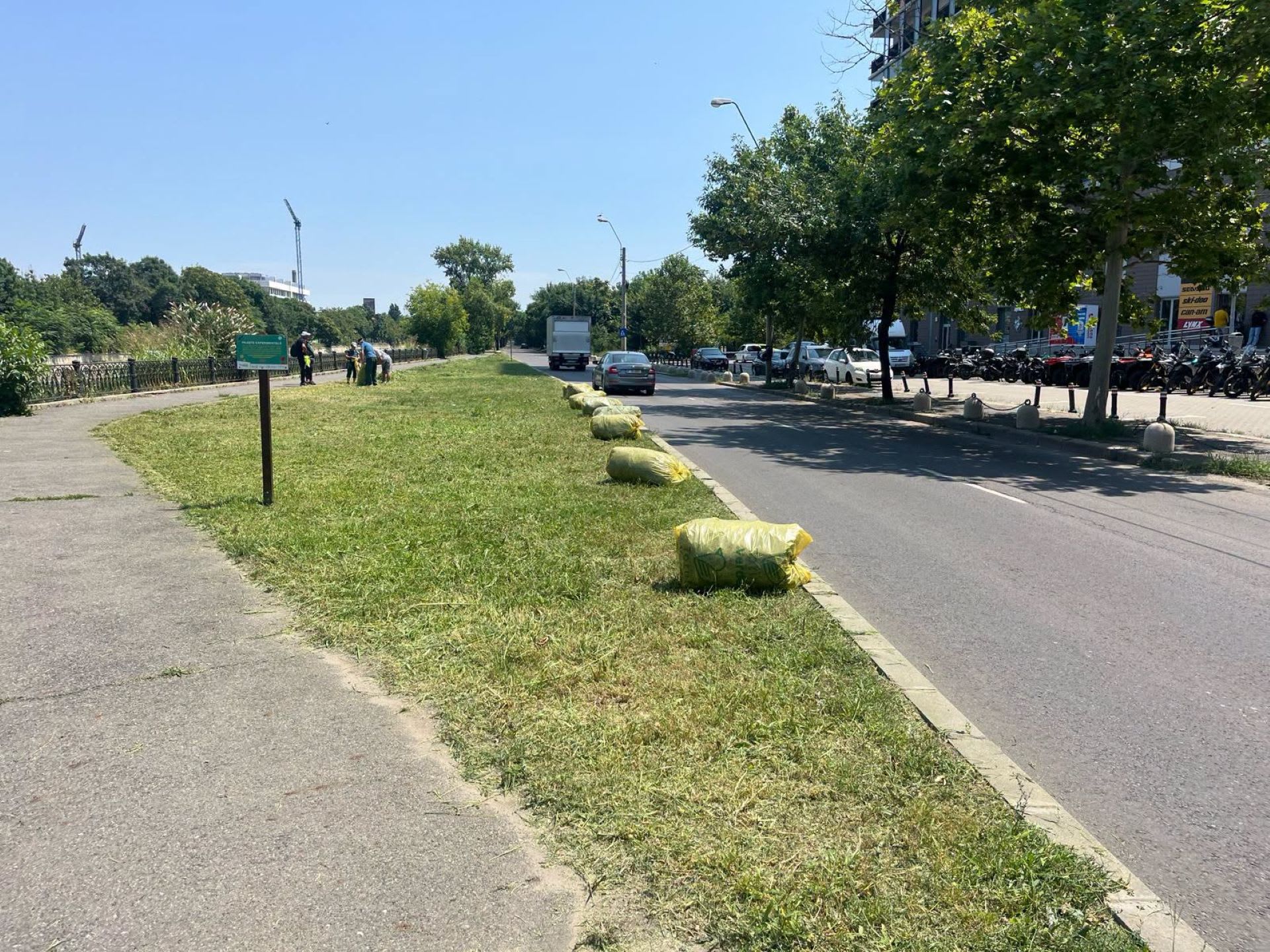 Motocoase tăind pajiștea de pe Splaiul Unirii, București Motocoase tăind pajiștea de pe Splaiul Unirii, București