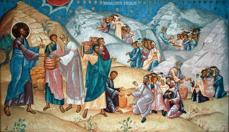 Ilustrație religioasă cu pâini și pești Ilustrație religioasă cu pâini și pești