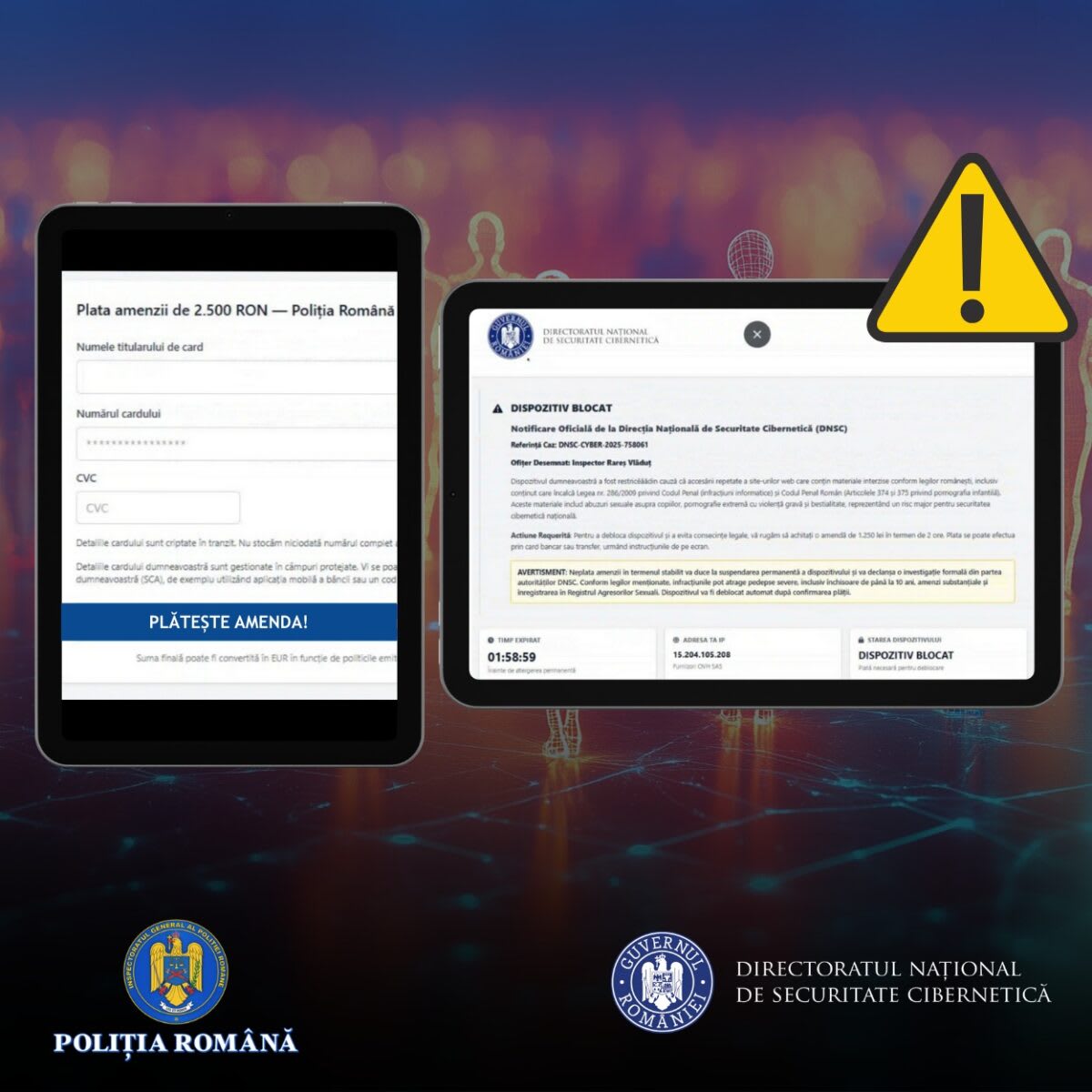 Polițist în uniformă verificând un telefon mobil, alertă de fraudă online