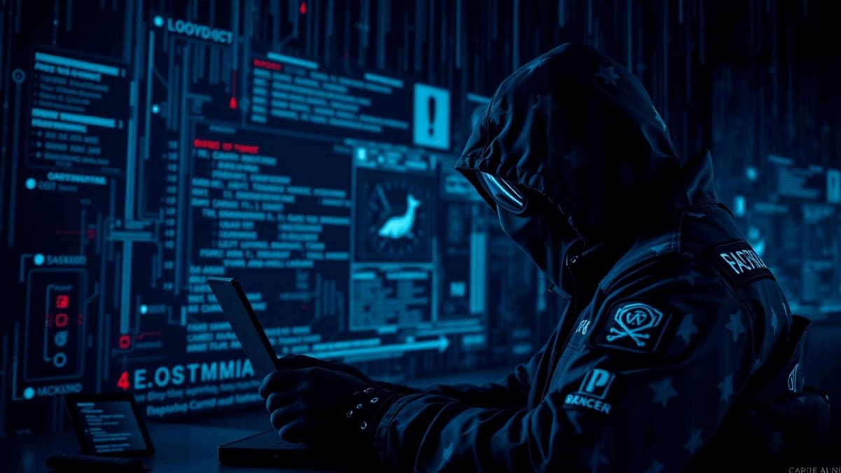 Hacker în fața unui calculator cu coduri binare, reprezentare atac cibernetic Hacker în fața unui calculator cu coduri binare, reprezentare atac cibernetic