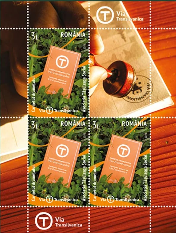 Timbru filatelic Via Transilvanica cu simboluri ale traseului Timbru filatelic Via Transilvanica cu simboluri ale traseului