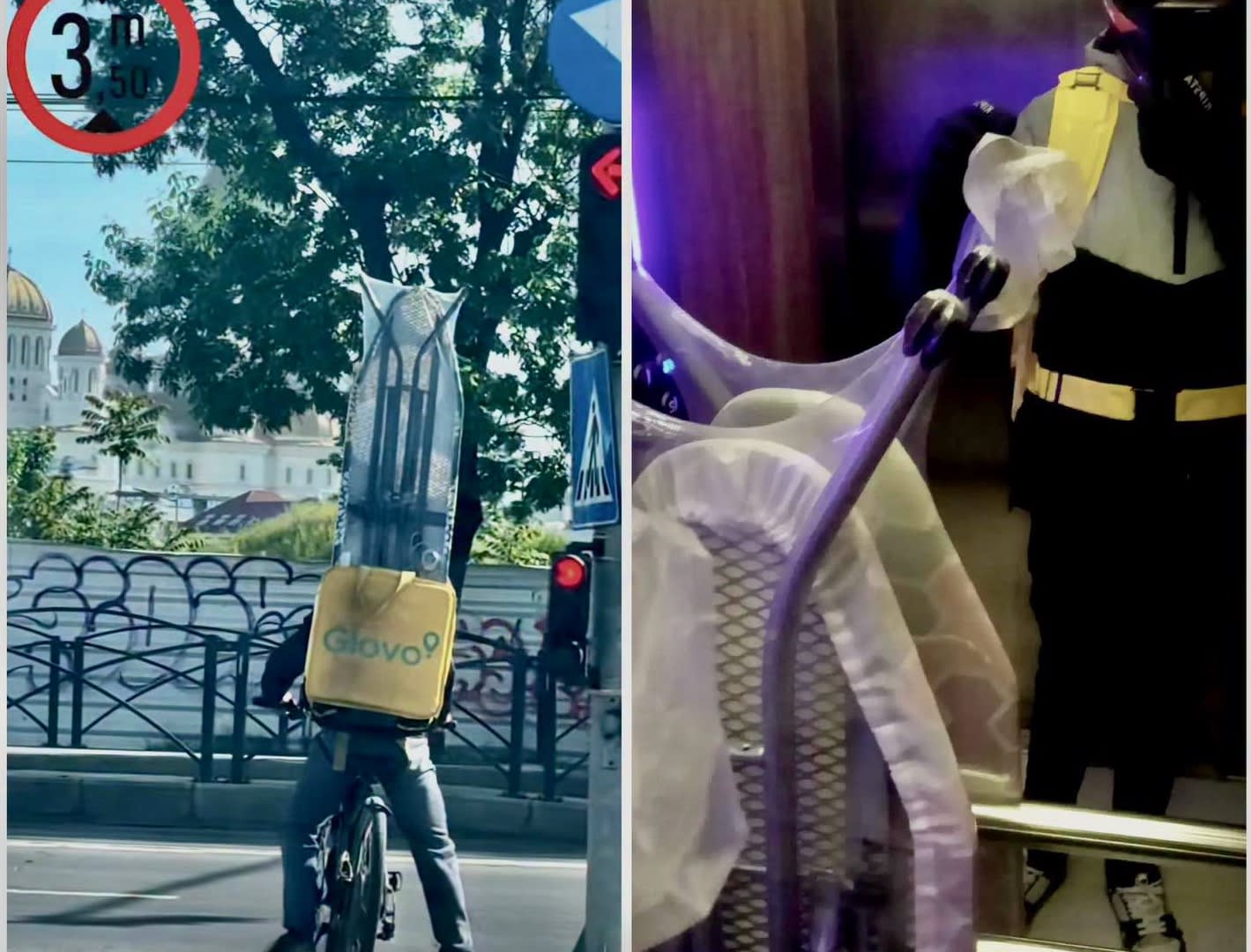Curier Glovo pedalează prin trafic cu o masă de călcat mai mare decât el în București