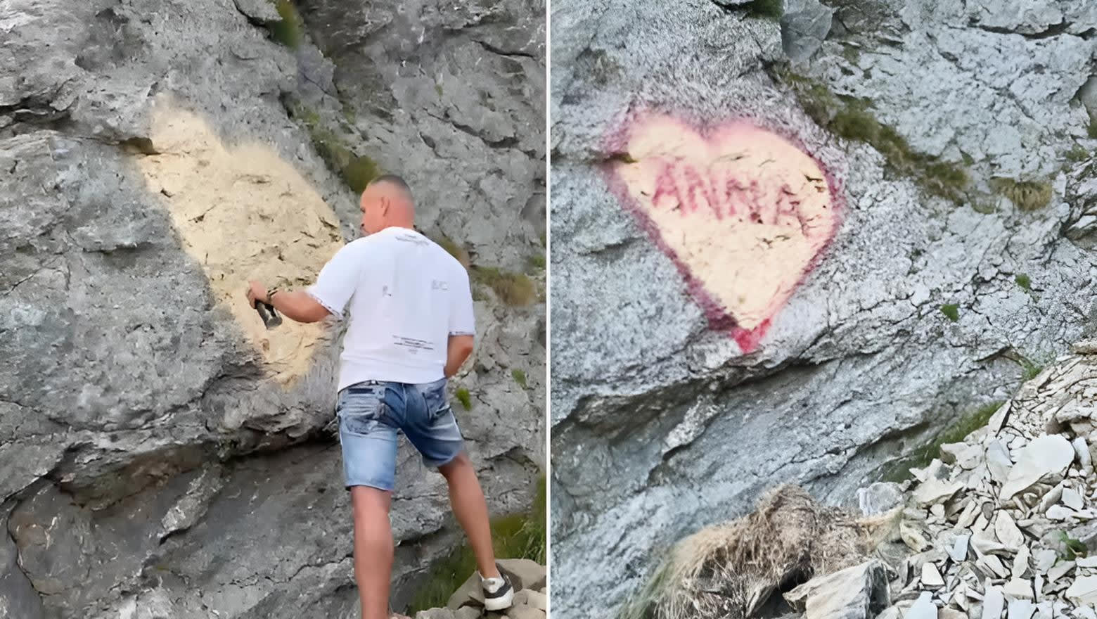 Turist desenează inimă pe stâncă pe Transfăgărășan, în munții din România Turist desenează inimă pe stâncă pe Transfăgărășan, în munții din România