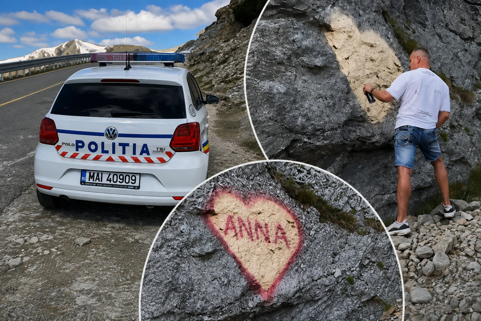 Polițiști verificând zona Transfăgărășan după desenul pe stâncă Polițiști verificând zona Transfăgărășan după desenul pe stâncă