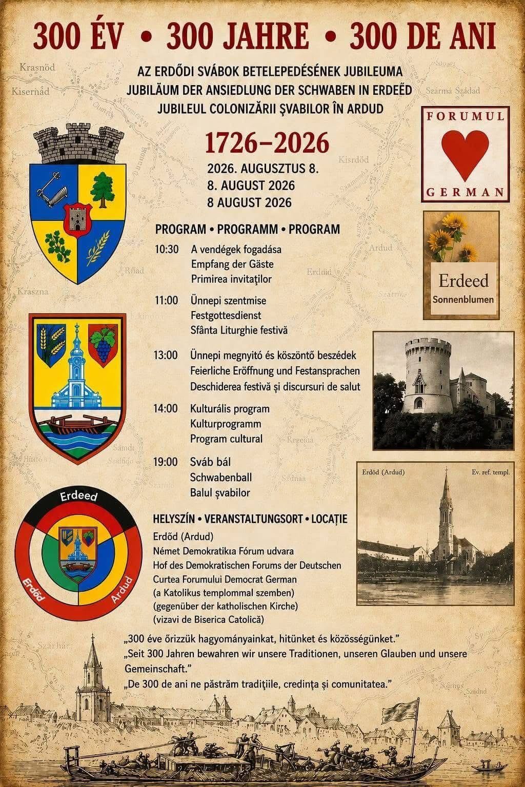 Ardud marchează 300 de ani de colonizare șvabilă prin eveniment aniversar pe 8 august