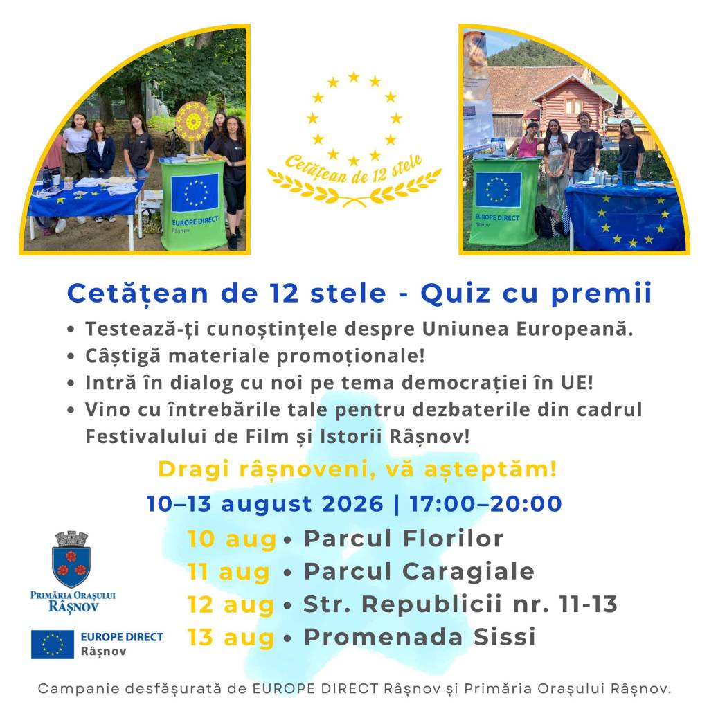 Stand mobil campanie 'Cetățean de 12 stele' în Râșnov, participanți, întrebări despre UE Stand mobil campanie 'Cetățean de 12 stele' în Râșnov, participanți, întrebări despre UE