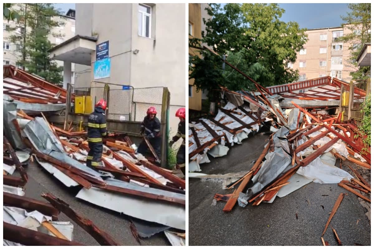 Acoperiș prăbușit peste mașini în Dej în urma furtunii Acoperiș prăbușit peste mașini în Dej în urma furtunii