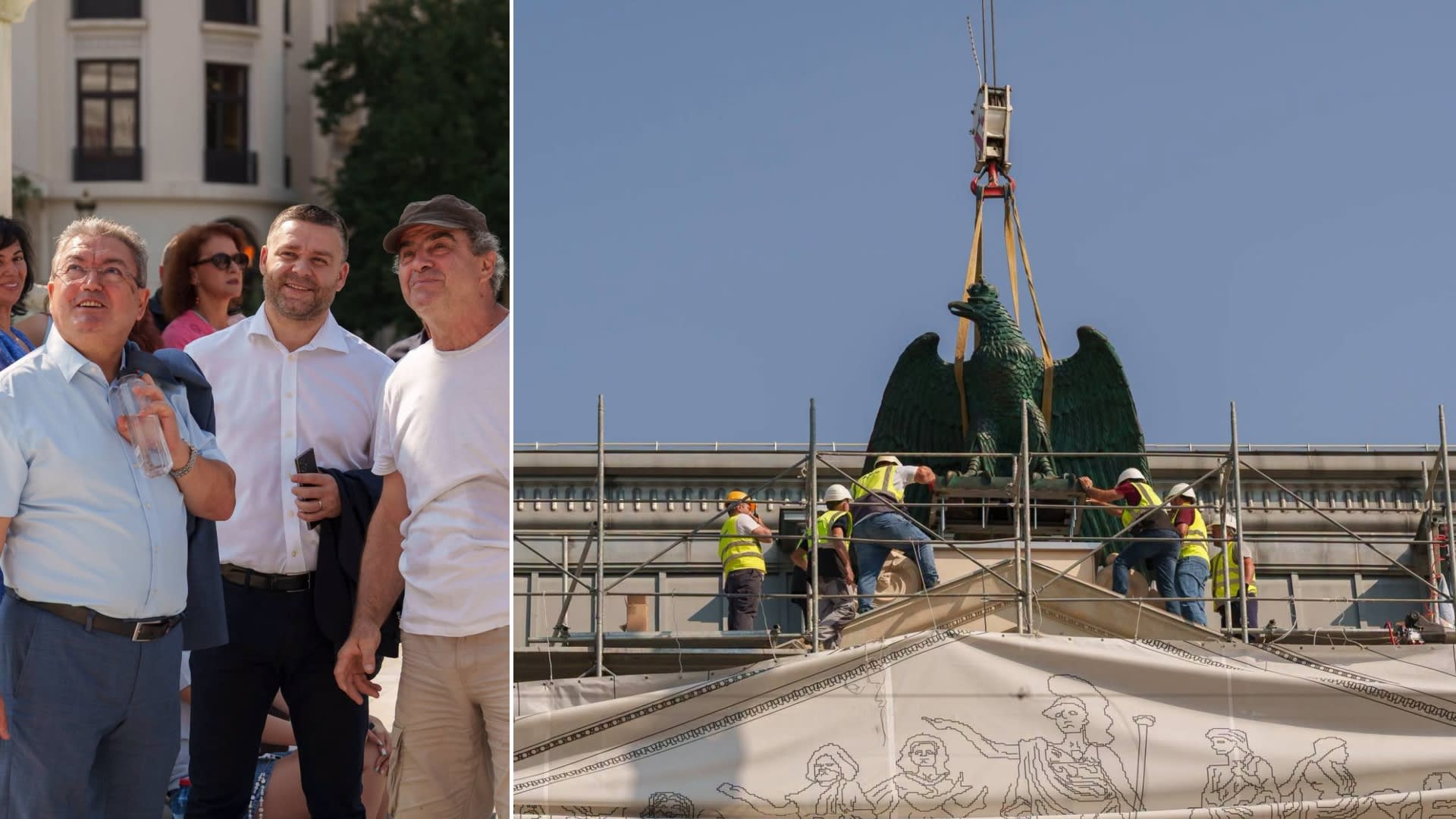 Primarul Ciprian Ciucu participând la montarea sculpturilor pe Palatul Universității din București Primarul Ciprian Ciucu participând la montarea sculpturilor pe Palatul Universității din București