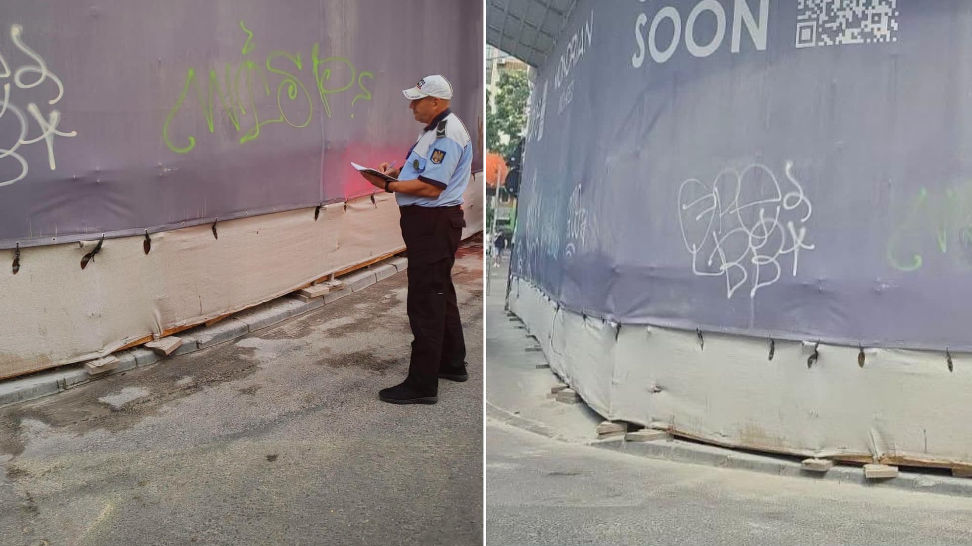 Trei tineri surprinși în timp ce desenau graffiti pe o plasă de protecție în București Trei tineri surprinși în timp ce desenau graffiti pe o plasă de protecție în București