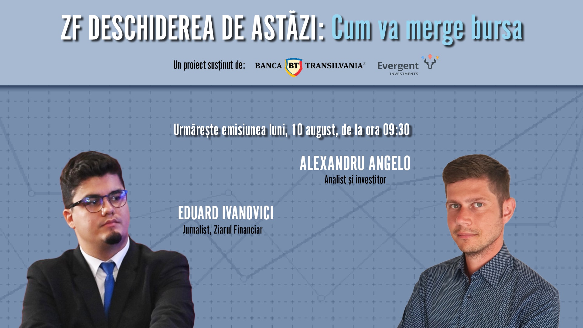 Alexandru Angelo în timpul unei discuții despre bursă, în fața unui ecran cu grafice financiare Alexandru Angelo în timpul unei discuții despre bursă, în fața unui ecran cu grafice financiare