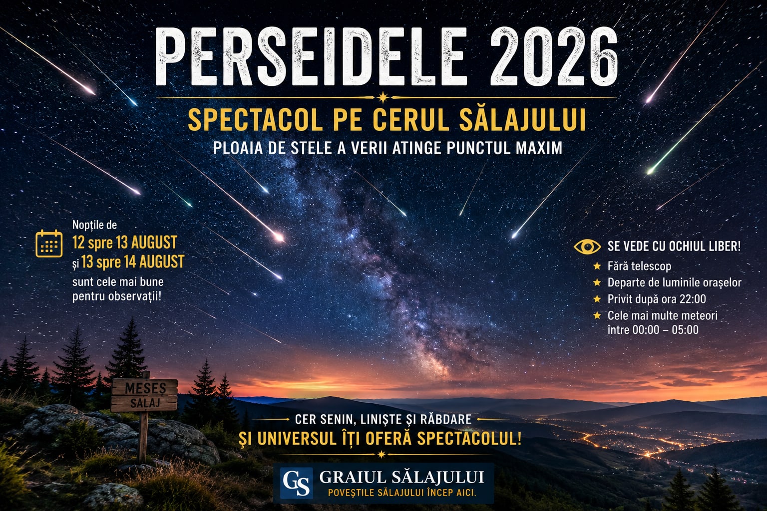Cer senin cu stele căzătoare peste județul Sălaj Cer senin cu stele căzătoare peste județul Sălaj