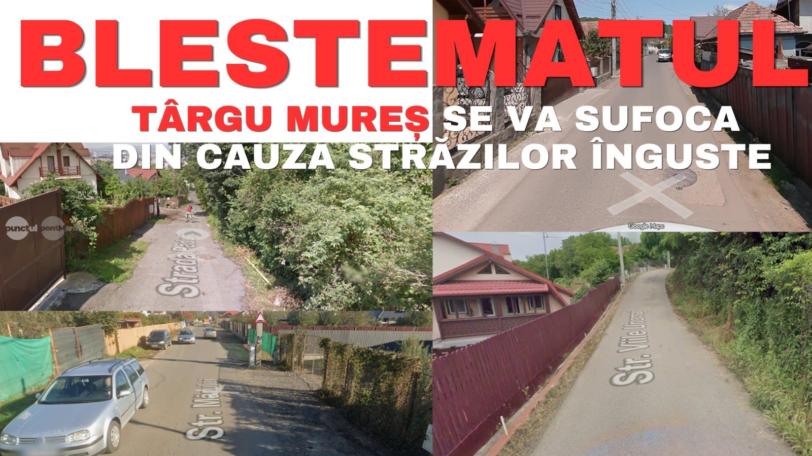 Stradă îngustă din Târgu Mureș cu mașini și trotuare insuficiente Stradă îngustă din Târgu Mureș cu mașini și trotuare insuficiente
