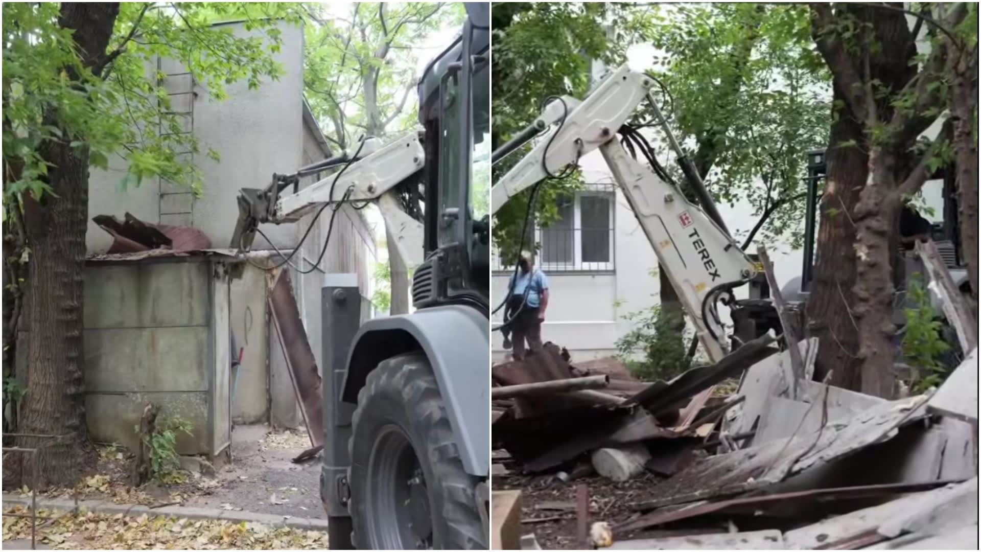 Muncitori demolând garaj ilegal pe Șoseaua Mihai Bravu, București Muncitori demolând garaj ilegal pe Șoseaua Mihai Bravu, București
