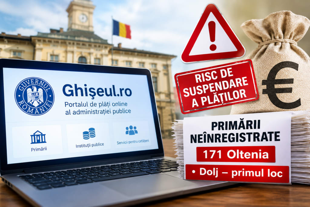 Primărie românească, clădire administrativă, semn de înregistrare electronică Primărie românească, clădire administrativă, semn de înregistrare electronică